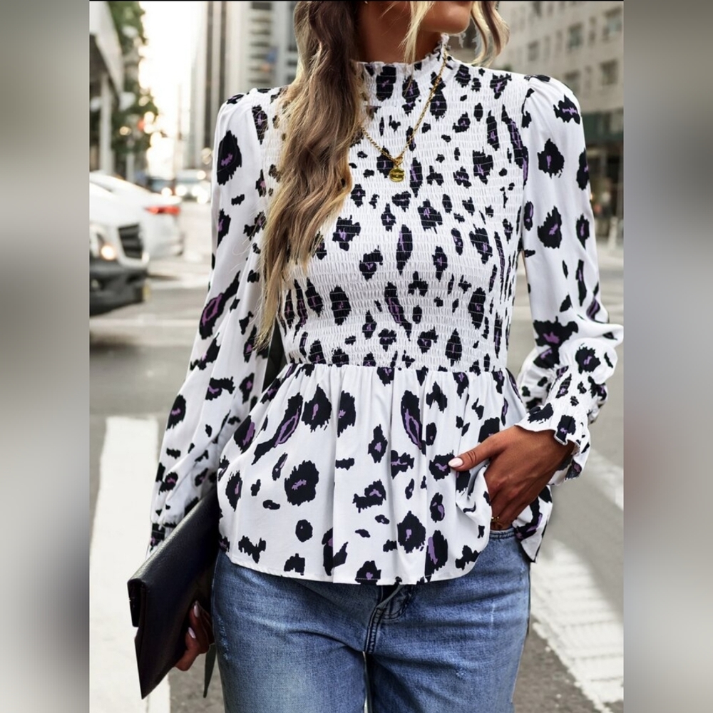 NWOT SHEIN LUNE Allover Print Flounce Sleeve Shirred Peplum Blouse | Size L